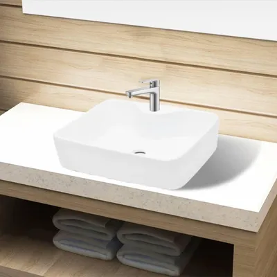 Zdjęcie produktu dla Ceramiczna Umywalka Z Otworem Na Kran, Prostokątna, Biała Lumarko!