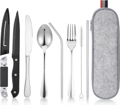 Produktbild von Edelstahl-Reisebesteck-Set mit 9 Teilen und Tasche, perfekt für unterwegs und Outdoor-Aktivitäten