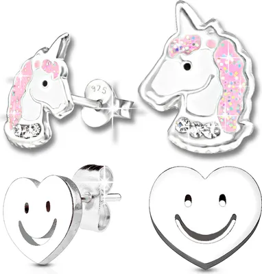 Produktbild von 2x Kinderohrringe Einhorn echt 925 Silber  Einhorn Mädchen Ohrringe Ohrstecker Kinderohrstecker Smiley Edelstahl K207+K248