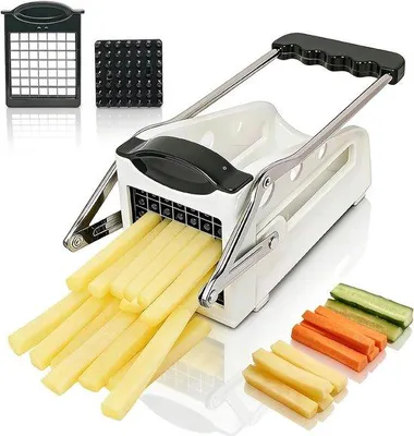 Produktbild von Gemüseschneider für Pommes Frites mit 2 Schneidebreiten für Kartoffeln, 9 mm und 12 mm, rutschfester Gummifuß, Edelstahlmesser mit Griff