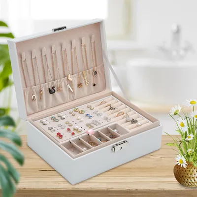 Produktbild von Jopassy SchmuckkästchenMultifunktions- Kunstleder-Schatulle Doppelschicht Schmuck-Organizer mit großer Kapazität Aufbewahrungsbox für Ringe Ohrringe Halskette,Weiß