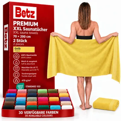 Produktbild von Betz 2 Stück Saunatücher 70 x 200 cm PREMIUM 100% Baumwolle Badetuch Liegetuch Strandtuch Farbe: gelb
