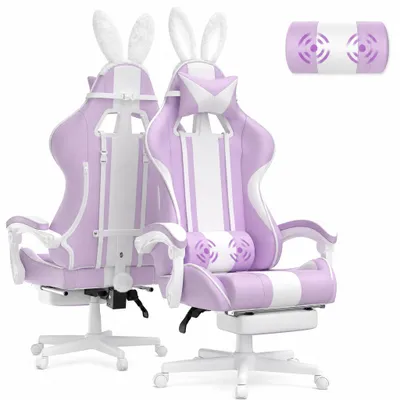 Produktbild von Verdego Gaming-Stuhl, Computerstuhl mit Fußstütze – Schreibtischstuhl mit Hasenohren-Verzierung, Ergonomischer Gaming Sessel, Bürostuhl Hellviolett