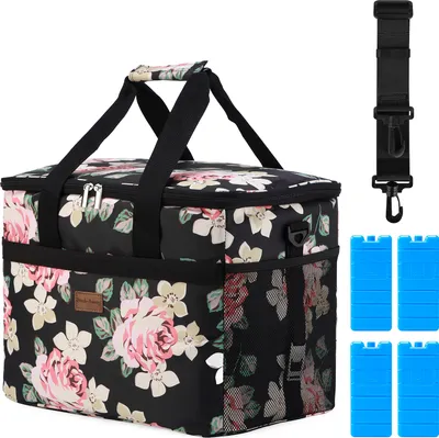 Produktbild von Packaway 4-lagige isolierte Kühltasche – Lunchtasche 30 Liter – Schwarz mit Blumenmuster