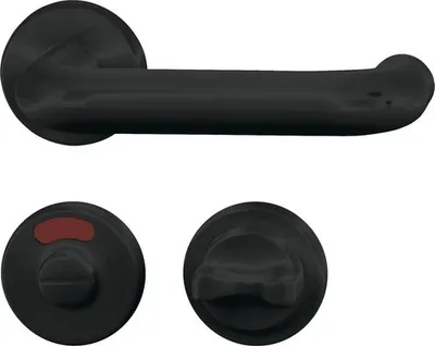 A black door handle set, including a lever handle and two rosettes, one with a red indicator.