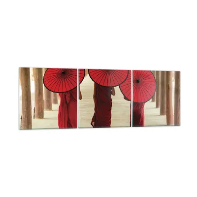 Produktbild von Bilder auf glas - 3 Teile - Bhutan Regenschirm Rot - 90x30cm - Glasbilder - Wandbilder - Bilder - zum Aufhängen bereit - Wanddekoration aus Glas - Glas Bilder - Wandbild auf Glas - GCA90x30-4290