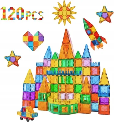 Produktbild von Magnetische Bausteine 120 Teile – Montessori Konstruktionsspielzeug ab 3 Jahren, Magnetfliesen für Kinder, 3D Konstruktionsspielzeug Lernspiel