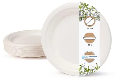 50 weiße Bagasse-Teller 22 cm, Einweggeschirr aus Zuckerrohr