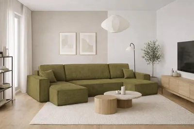 A modern living room with a large sectional sofa.