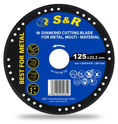 Obrázek produktu pro Řezací kotouč S&R, diamantový řezací kotouč 125 mm, extra tenký (1 mm) pro úhlové brusky, vhodný pro řezání kovů, oceli, betonu, železobetonu, plastů a dřeva