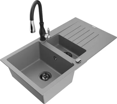 Produktbild von Mexen Matias 1,5-Becken-Granitspüle mit Abtropffläche und Mischbatterie Savita, Grau - 6502-71-672601-70-B