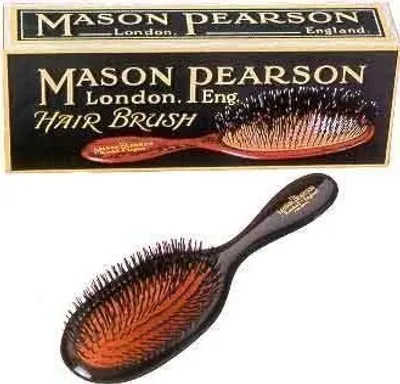 A Mason Pearson hairbrush and its packaging are shown against a white background.