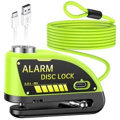 Immagine prodotto di Blocco per disco freno per motocicletta con allarme da 120 dB, ricaricabile tramite USB, diametro 7 mm, incluso cavo di sicurezza da 1,8 metri