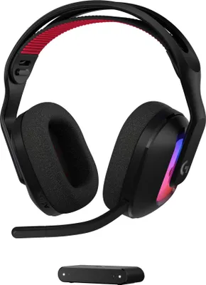 A black gaming headset with red accents and RGB lighting, along with its wireless transmitter, is displayed against a white background.