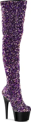 Produktbild von ADORE-3020 Pleaser vegane Damen Plateauoverkneestiefel lila Multi Pailletten schwarz