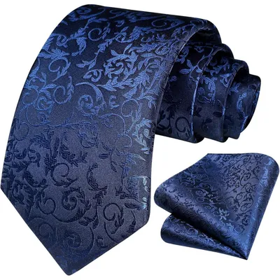 Produktbild von Herren Krawatten und Einstecktuch Set Paisley Einfarbig Marineblau