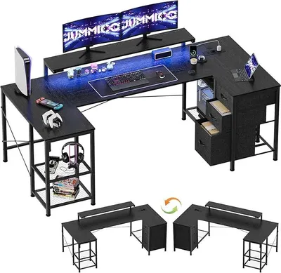 Produktbild von Gaming Schreibtisch Eckschreibtisch L-Form, 170x95cm mit LED-Beleuchtung, höhenverstellbarem Monitorständer, 3 Schubladen, 2 Steckdosen & 2 USB, Schreibtisch aus Stahl und Holz,Schwarz