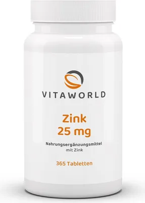 Produktbild von Vitaworld Zink 25 mg | 365 Tabletten | hochdosiert | hohe Bioverfügbarkeit durch Zinkbisglycinat | vegan
