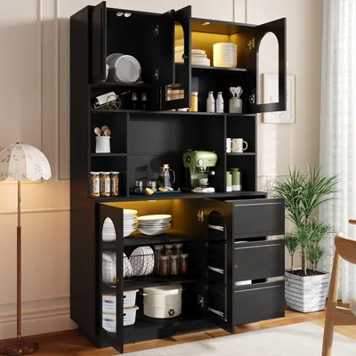Image de Armoire haute Merax pour cuisine, meuble de rangement avec portes en acrylique incurvée, bar avec éclairage LED et contrôle via application, vitrine avec étagère ouverte en MDF, noir