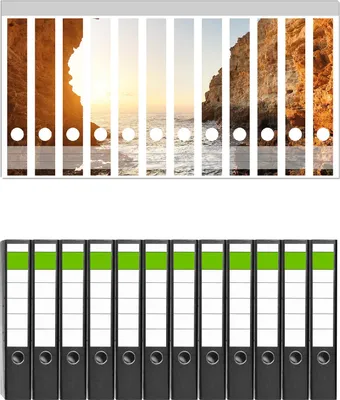 Produktbild von Wallario 12 Stück schmale Ordner inkl. Klebeetiketten mit Motive Höhlen am Meer -  Set mit Rückenschildern / Ordnerrücken Stickern