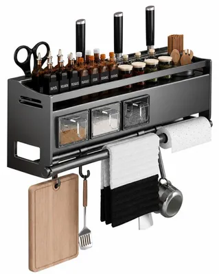 Immagine prodotto di Scaffale per spezie con contenitori per spezie e porta rotoli da cucina, dimensioni 34 x 13 x 18 cm
