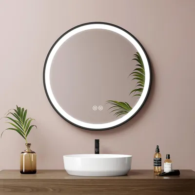 Immagine prodotto di EMKE Specchio da bagno a LED rotondo diametro 50 cm Specchio da bagno a LED con illuminazione 3 colori di luce 3000-6500K bianco freddo neutro bianco caldo dimmerabile specchio illuminato con interruttore a sfioramento IP44 a risparmio energetico (design nero)