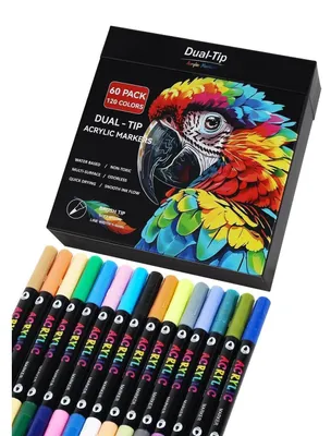 Zdjęcie produktu dla Zestaw 60 flamastrów akrylowych z podwójną końcówką, 120 kolorów, z końcówką pędzelkową, wodoodporne, wysoka krycie