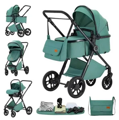 Produktbild von Kinderwagen 3-in-1 mit Babyschale, faltbar, kompakt, leichter Aluminiumrahmen, atmungsaktiver Sitz, ideal für Reisen, erhöhte Sicht. Grün