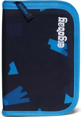 A closed pencil case with a geometric pattern.