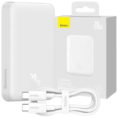 Produktbild von Baseus Magnetische Mini Powerbank Mit Induktivem Laden Magsafe 15W / Schnelles Laden Pd 20W 10000Mah Weiss (Overseas Edition) + Xiaobai Series Kabel Usb-C - Usb-C 60W 3A 0.5M Weiss
