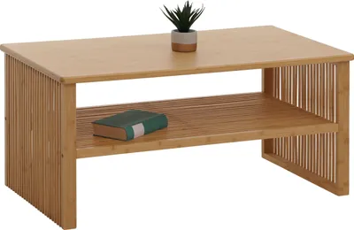 A bamboo coffee table with a shelf, a book, and a small plant.
