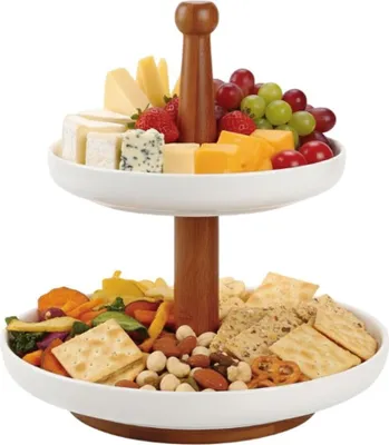 Produktbild von Bambus Etagere mit 2 Keramiktellern - Servierständer für Kuchen, Muffins & Snacks