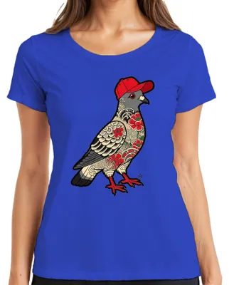Immagine prodotto di T-shirt da donna, blu, taglia L, con motivo "Taube Tattoo" (tatuaggio di colomba), stile giapponese, cappellino da baseball, design urbano, streetwear, "Irezumi" (tatuaggio tradizionale giapponese), design accattivante