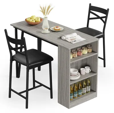 Produktbild von Essgruppe für 2 Personen - Küchentresen Tisch und Stühle - Ausziehbarer Bartisch - Tresenhöhe - Modernes Holzdesign - Grau