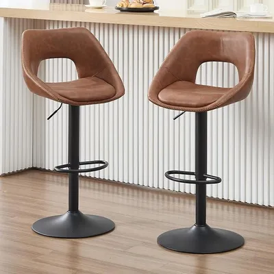 Produktbild von Barhocker 2er Set, Barstühle höhenverstellbar, Küchenhocker 360° drehbar, Tresenhocker mit Rückenlehne, Schwarze Fußstütze, Kunstleder, Braun