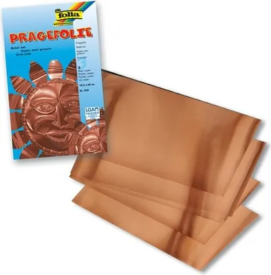 A package of embossed foil sheets is shown next to several sheets of the foil.