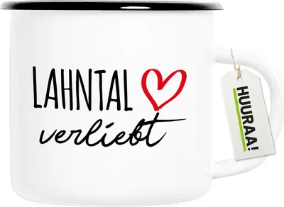 Produktbild von Huuraa Emaille Tasse Lahntal verliebt 300ml Vintage Campingbecher Geschenkidee