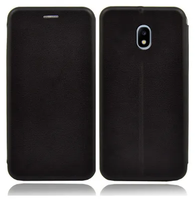 A black leather flip case for a Samsung Galaxy J3 2017 phone, shown from the front and back.