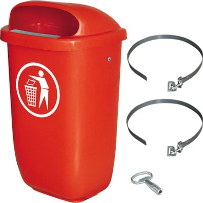 Produktbild von 50 Liter Abfallbehälter rot im Komplettset mit Schellenband zur Pfahlbefestigung