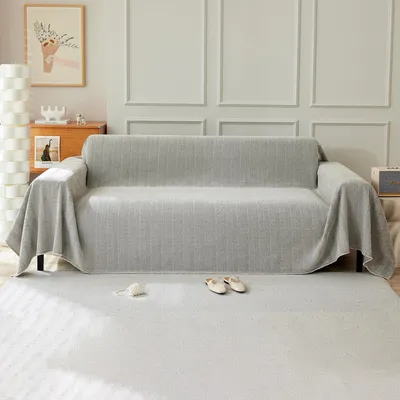 Produktbild von Waschbarer Chenille-Sofabezug, einfarbig mit Zierquasten, 180 x 420 cm, hellgrau