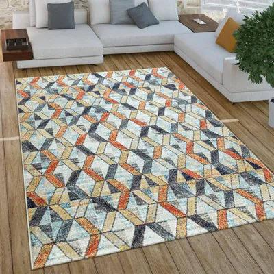 Image de Tapis de salon à poils courts, style bohème vintage, motifs géométriques, dimensions 80 x 150 cm