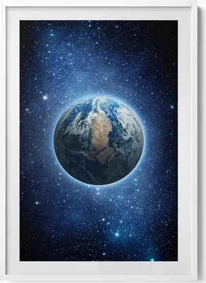 Produktbild von Planet Erde im Weltraum– Wandbild mit Rahmen – Gerahmtes Bild  – Wanddekoration – 70x100 cm –  Weiß Rahmen