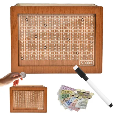 Produktbild von Spardose aus Holz mit Zähler und Sparziel (5000 €)