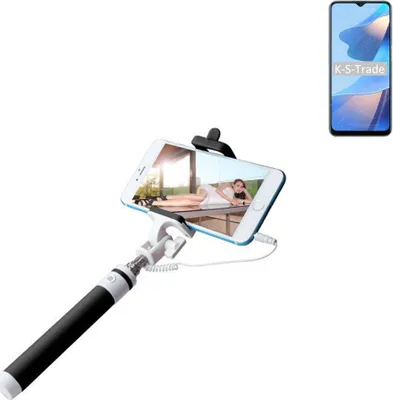 Produktbild von K-S-Trade Selfie Stick kompatibel mit Oppo A16K Selfiestick kabelgebunden Monopod mit Kabel Stab Stange Selfportrait Handheldstick schwarz 1x