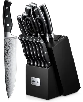 Immagine prodotto di Set di coltelli da cucina - Set da 14 pezzi - Acciaio inossidabile - Ceppo in legno con affilatore - Nero