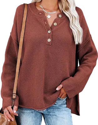 Produktbild von ASKSA Women's Long Sleeved Pullover O-Neck Knitted Jumper Tunic Loose Sweate, Rot, XL