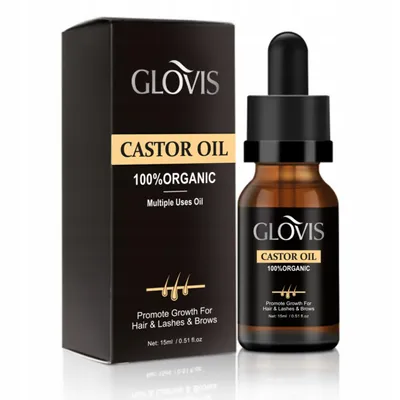 Zdjęcie produktu dla GLOVIS Organic Castor Oil 15ml Olejek Rycynowy Rzęsy Brwi Włosy Paznokcie Porost Wzmocnienie Odżywienie + Aplikatory