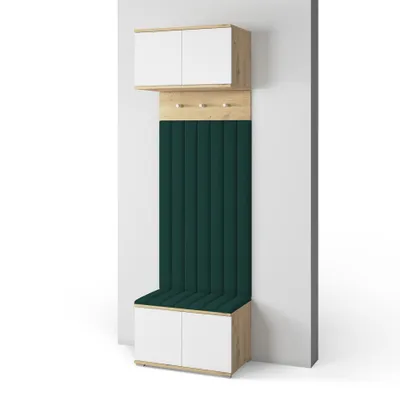 Produktbild von Garderoben-Set Aura Version 11: Schuhschrank mit Polsterpaneelen, Hängeschrank für Flur und Eingangsbereich (Weiß / Eiche Artisan/Trinity 28)