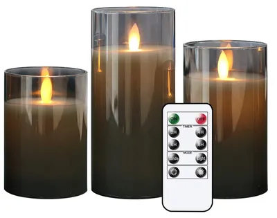 Produktbild von Eldnacele LED Kerzen mit Timerfunktion flackernde Flamme, elektrische Echtwachskerzen im Glas, beweglicher Docht, 3-teilige flammenlose Kerzen-Set mit Fernbedienung, Art u. Zimmer Deko, Grau