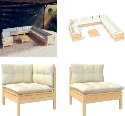 Produktbild von vidaXL 12 tlg. Garten Lounge Set mit Creme Kissen Massivholz Kiefer - Garten-Lounge-Set - Garten-Lounge-Sets - Gartenmöbel-Set - Gartenmöbel-Sets
